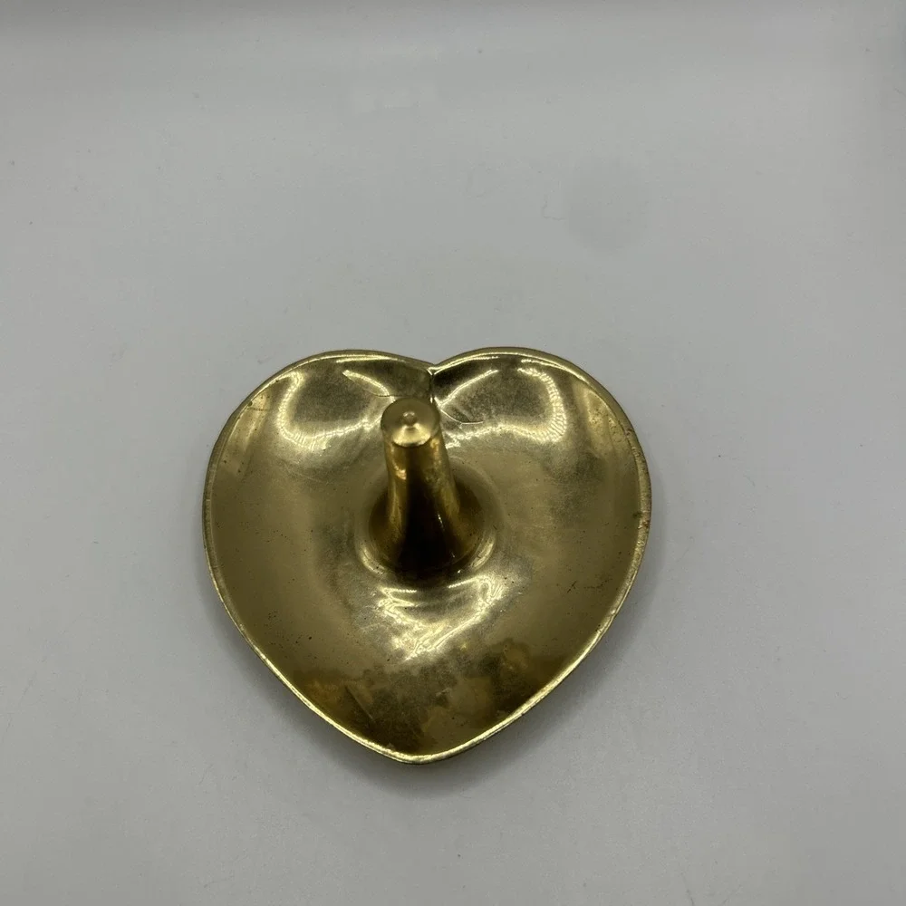 Vtg Brass Heart Shaped Ring Holder Jewelry Dish Trinket Lacquered India MCM